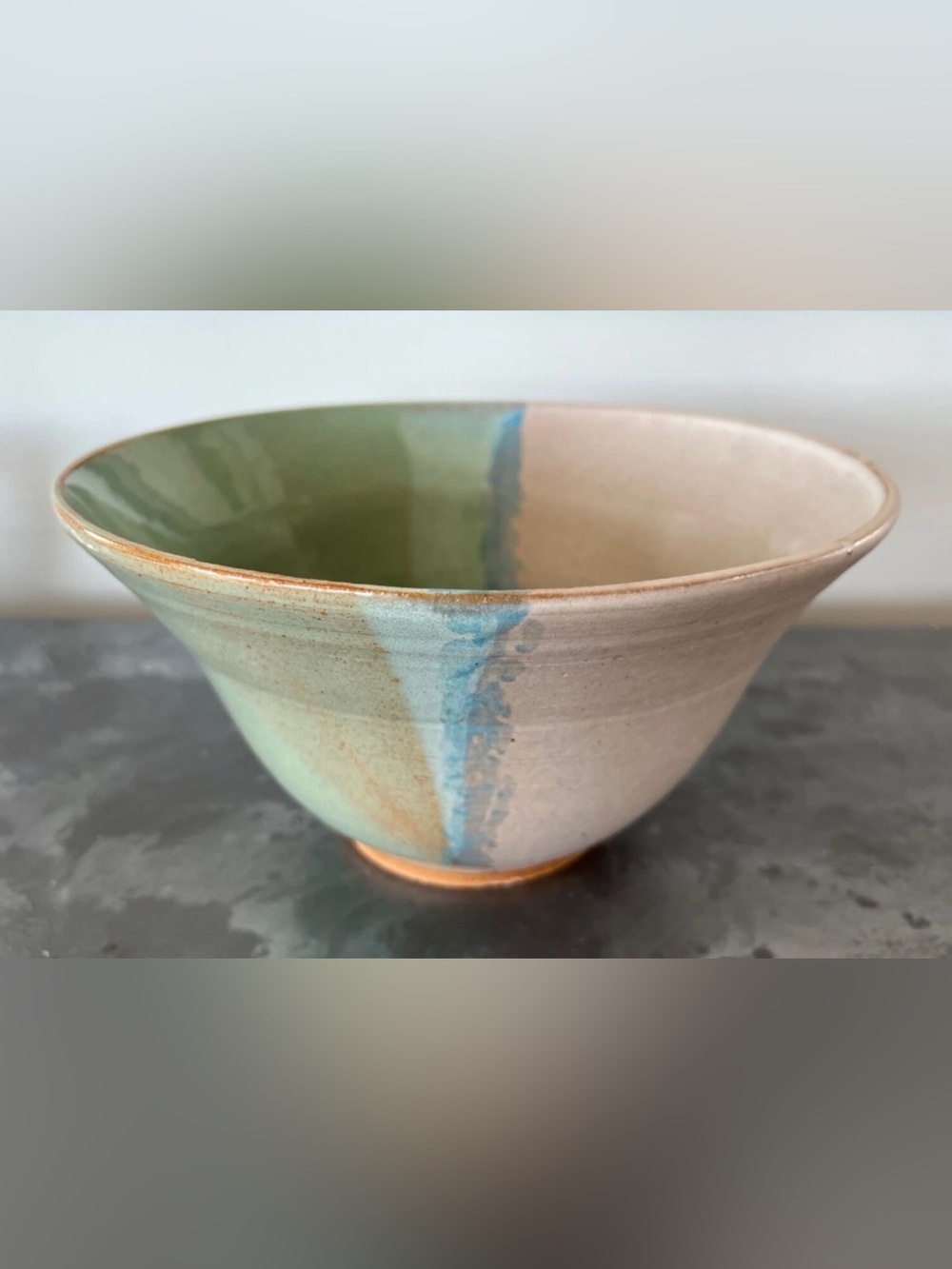 Gorgeous Studio Art Pottery 10.5” diameter bowl, signed, Tan Greens Blues, NEW